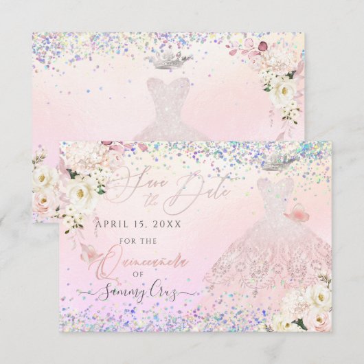 Blush Quinceanera Save Date Holographic Confetti I Kaart (Voorkant / Achterkant)