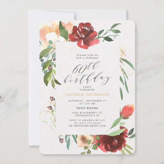 Blush Red Floral 60ste Verrassing Verjaardagsfeest Kaart (Voorkant)