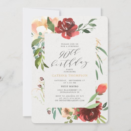 Blush Red Floral 90ste Verrassing Verjaardagsfeest Kaart (Voorkant)