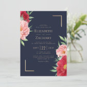 Blush Red Floral Navy Blue Gold Wedding Kaart (Staand voorkant)