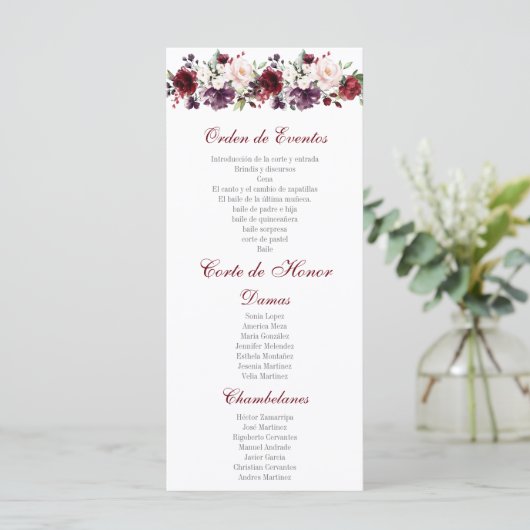 Blush Red Floral Quinceañera Programmakaart (Staand voorkant)