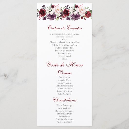 Blush Red Floral Quinceañera Programmakaart (Voorkant)