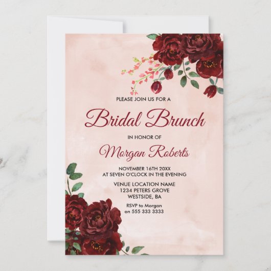 Blush Red Rose Floral Vrijgezellenfeest Brunch Kaart (Voorkant)