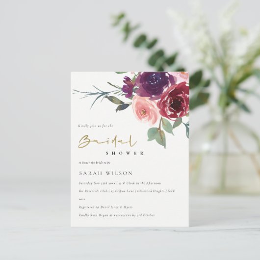 BLUSH RED ROSE WATERVERF FLORAL VRIJGEZELLENFEEST UITNODIGING BRIEFKAART (Staand voorkant)