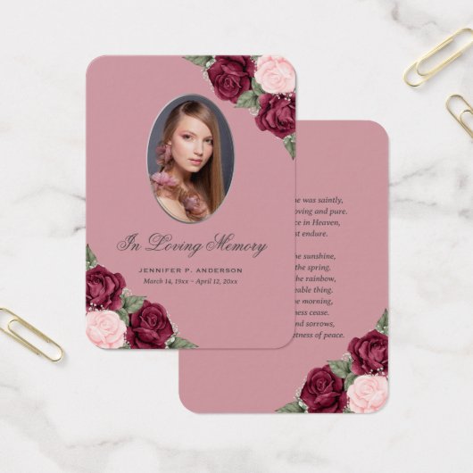 Blush Red Silver Memorial Funeral Prayer Kaart (Kantoor)