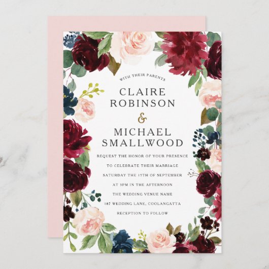 Blush & Red Wine Floral Wreath Weddenschap Kaart (Voorkant / Achterkant)