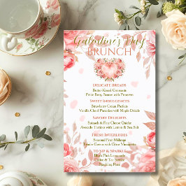 Blush Rococo Floral Heart Galentine Brunch Menu Kaart