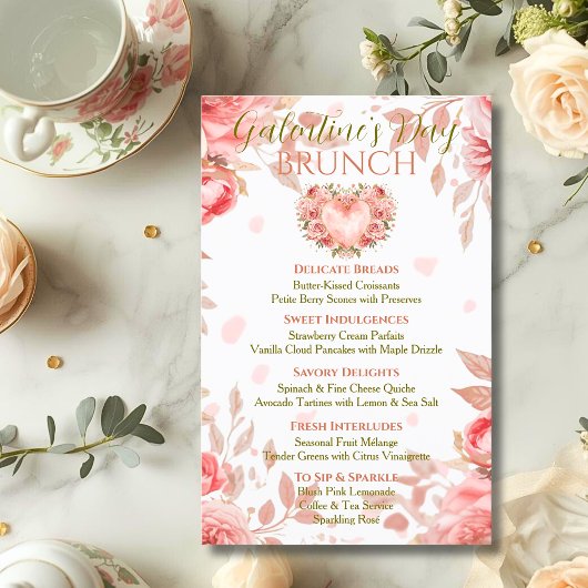 Blush Rococo Floral Heart Galentine Brunch Menu Kaart
