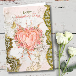 Blush Rococo Floral Heart Galentine Lace Elegance Feestdagen Kaart