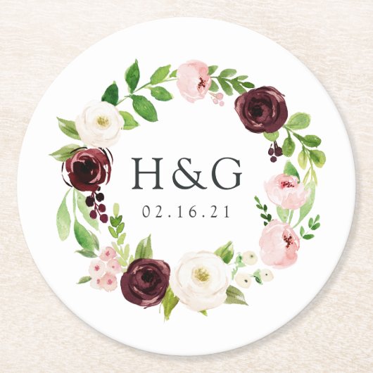 Blush Romance bruiloft monogram & datum Ronde Kartonnen Onderzetter (Voorkant)