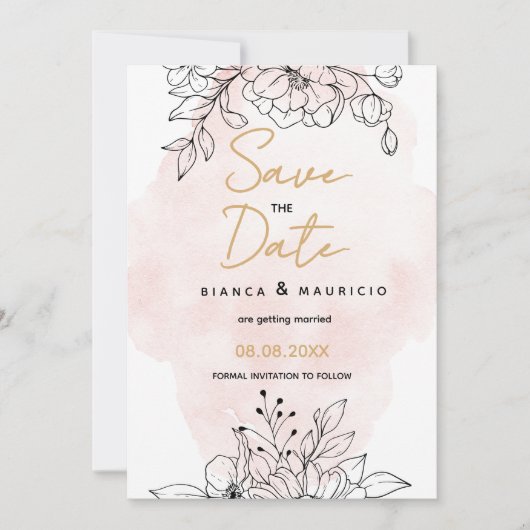 Blush Romance met Elegant Black Botanische details Save The Date (Voorkant)