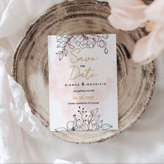 Blush Romance met Elegant Black Botanische details Save The Date