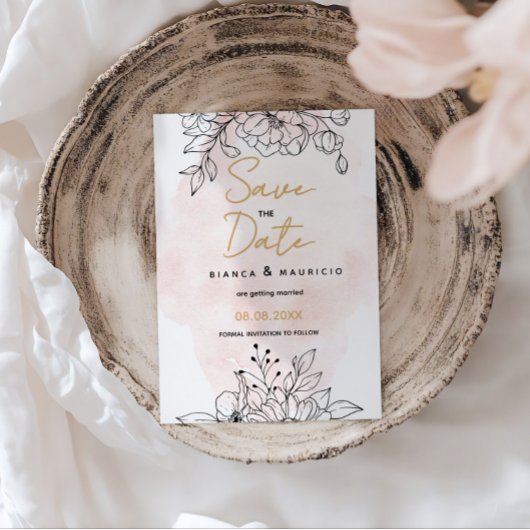 Blush Romance met Elegant Black Botanische details Save The Date