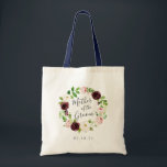 Blush Romance Moeder van de Groom Tote Bag<br><div class="desc">Een lief en elegant cadeau voor uw toekomstige schoonmoeder, tas heeft een krans van waterverf en gebladerte in blozend roze, bordeauxrode marsala, ivoor en groen, met "moeder van de bruidegom" ingeschreven in handgeschreven script. Personaliseer met uw trouwdatum of de naam van de ontvanger hieronder. Coördineert met onze Blush Romance bruiloft...</div>