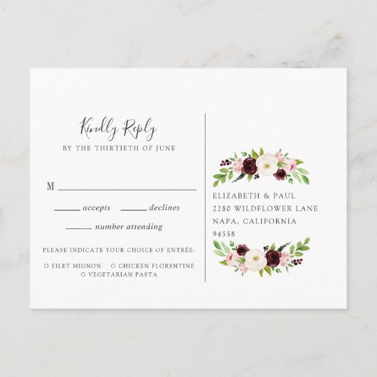 Blush Romance RSVP Briefkaart met maaltijdkeuze (Achterkant)