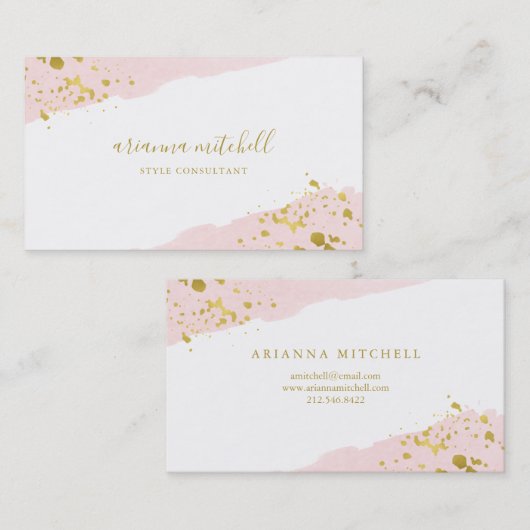 Blush Romance | Waterverf en Gold Script Visitekaartje (Voorkant / Achterkant)