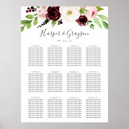 Blush Romance Wedding Seating Chart Poster (Voorkant)