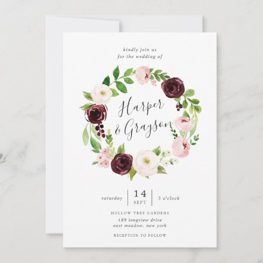 Blush Romance Wreath Wedding Invitation Kaart (Voorkant)