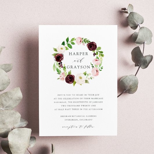 Blush Romance Wreath Wedding Invitation Kaart