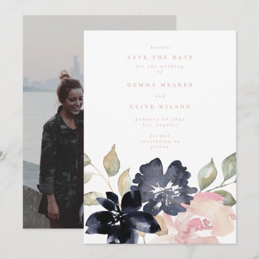 Blush Romantic Waterverf Florals Weddenschap Foto Save The Date (Voorkant / Achterkant)