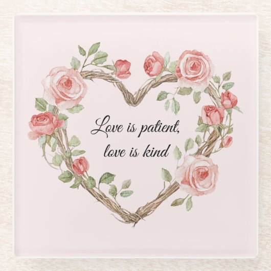 Blush Romantisch Roos Bloemen Hart Liefde Glazen Onderzetter (Voorkant)