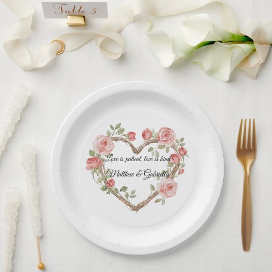 Blush Romantisch Roos Bloemen Hart Wedding Papieren Bordje (Huwelijk)