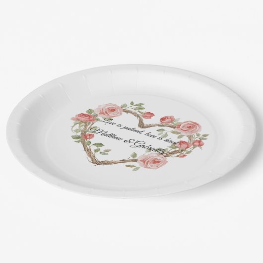 Blush Romantisch Roos Bloemen Hart Wedding Papieren Bordje (Gekanteld)