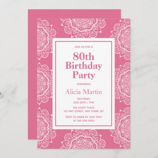 Blush Rood & Wit Mandala Bloem 70ste Verjaardag Kaart (Voorkant / Achterkant)