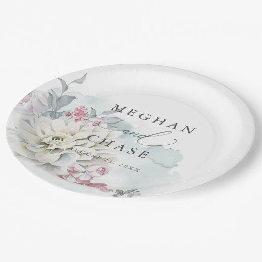 Blush Roos Alabaster Garden Floral Weddenschap Papieren Bordje (Gekanteld)