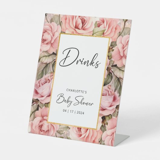 Blush Roos Bloemen Baby shower Drinken Reclamebord Met Voetstuk (Voorkant)