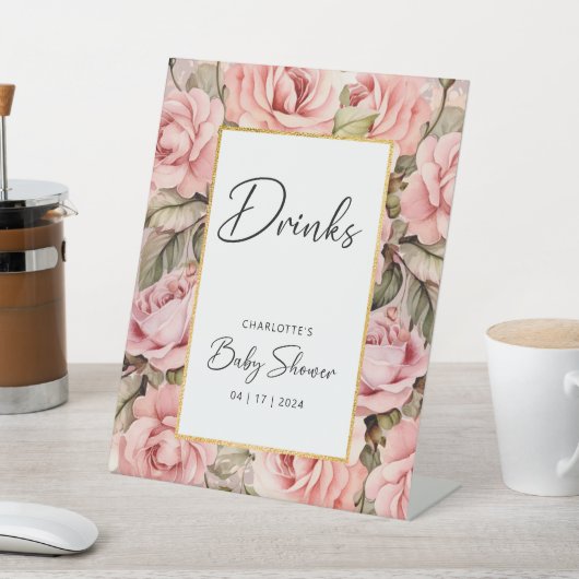 Blush Roos Bloemen Baby shower Drinken Reclamebord Met Voetstuk (Insitu)