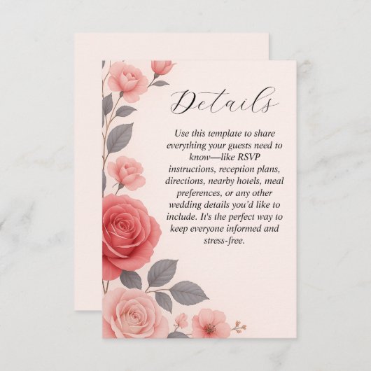 Blush Roos Bloemen bruiloft details behuizing Kaar Informatiekaartje (Voorkant / Achterkant)