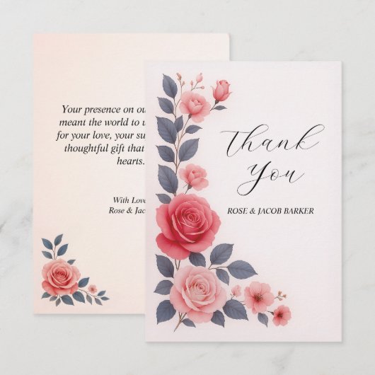 Blush Roos Bloemen bruiloft plat dank je kaart (Voorkant / Achterkant)