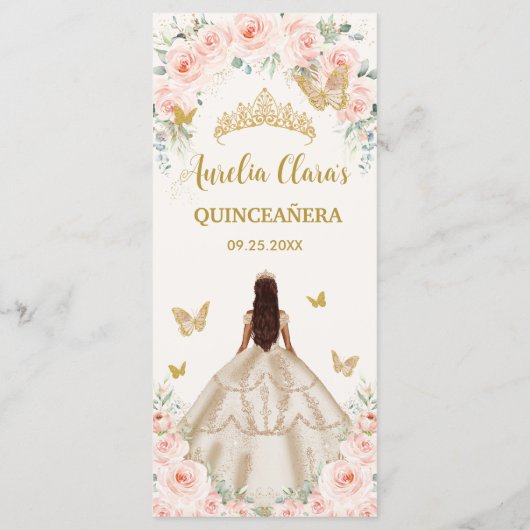 Blush Roos Bloemen Champagne Jurk Quinceañera Menu (Achterkant)