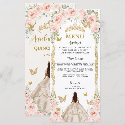 Blush Roos Bloemen Champagne Jurk Quinceañera Menu (Voorkant / Achterkant)