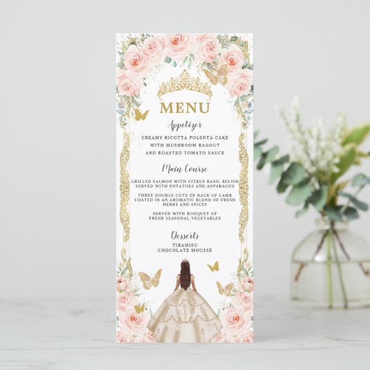 Blush Roos Bloemen Champagne Jurk Quinceañera Menu (Staand voorkant)