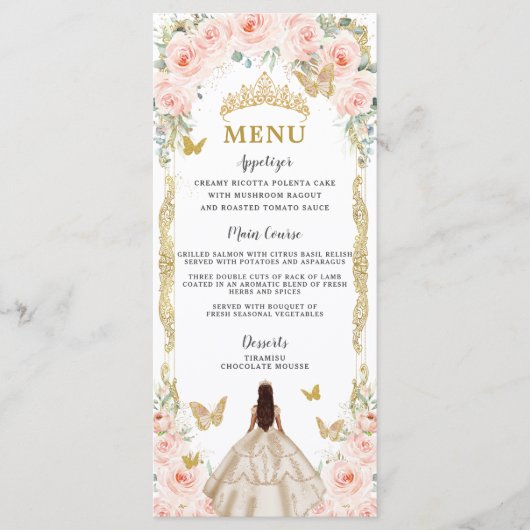 Blush Roos Bloemen Champagne Jurk Quinceañera Menu (Voorkant)