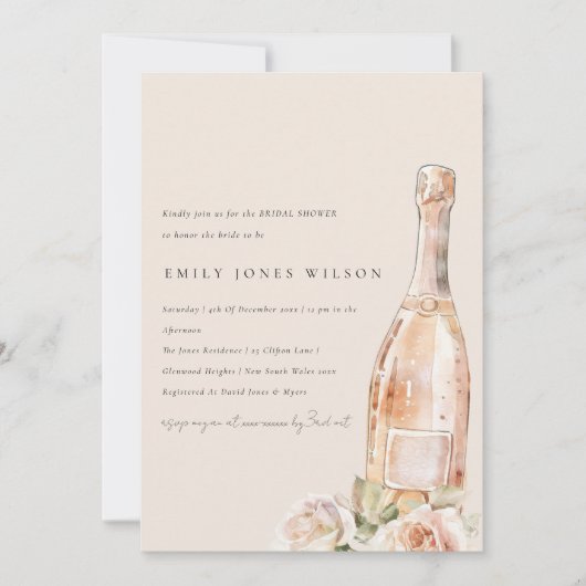 Blush Roos Bloemen Champagne Wijn Vrijgezellenfees Kaart (Voorkant)