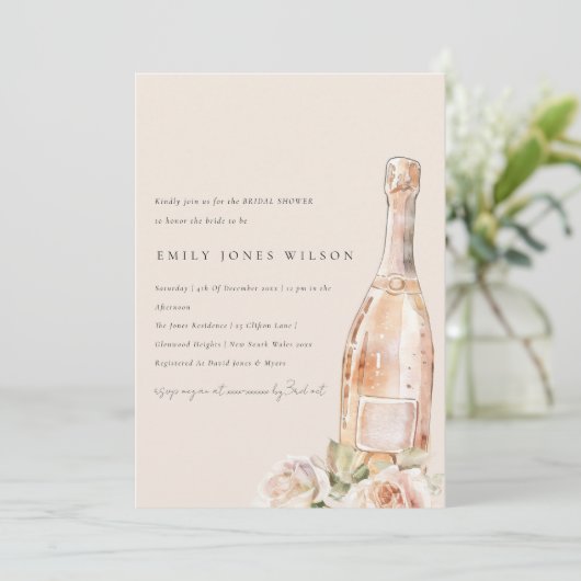 Blush Roos Bloemen Champagne Wijn Vrijgezellenfees Kaart (Staand voorkant)