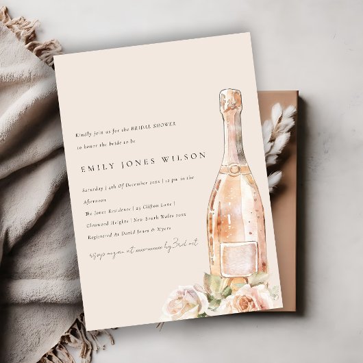 Blush Roos Bloemen Champagne Wijn Vrijgezellenfees Kaart