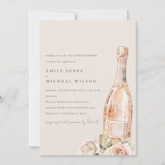 Blush Roos Bloemen Champagne Wijnparen Douche Kaart (Voorkant)