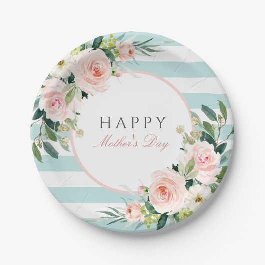 Blush Roos Bloemen en Strepen Moederdag Papieren Bordje (Voorkant)