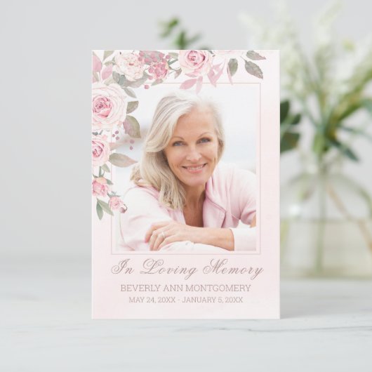 Blush Roos Bloemen Foto Begrafenis Memorial Kaart (Staand voorkant)