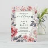 Blush Roos Bloemen Huwelijksuitnodiging Kaart (Staand voorkant)