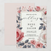 Blush Roos Bloemen Huwelijksuitnodiging Kaart (Voorkant / Achterkant)