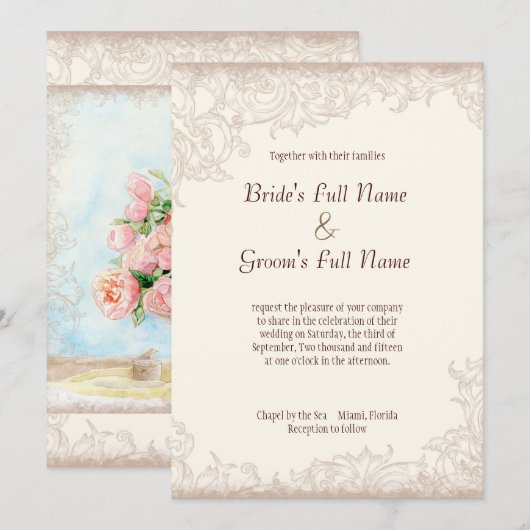 Blush Roos Bloemen Kant Swirl Bruiloft Kaart (Voorkant / Achterkant)