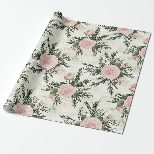 Blush Roos Bloemen Kerst Cadeaupapier (Uitgerold)