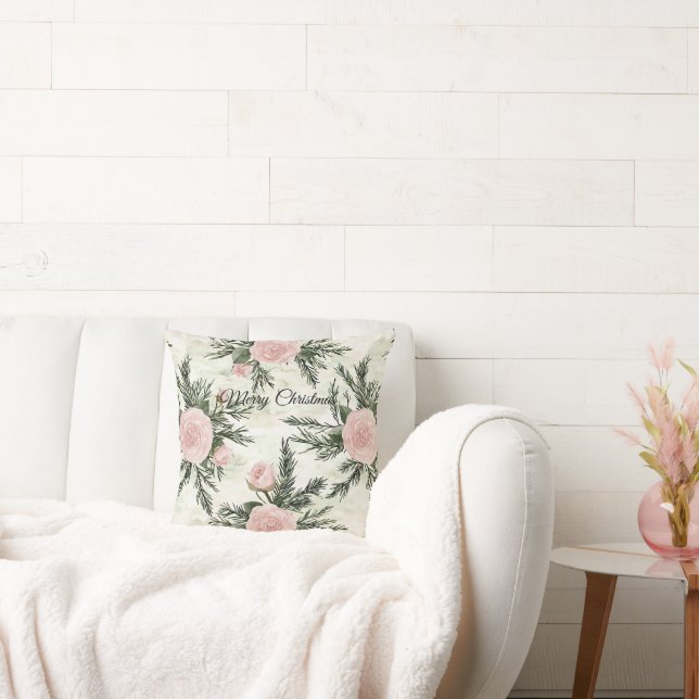 Blush Roos Bloemen Kerst Kussen (Bank)