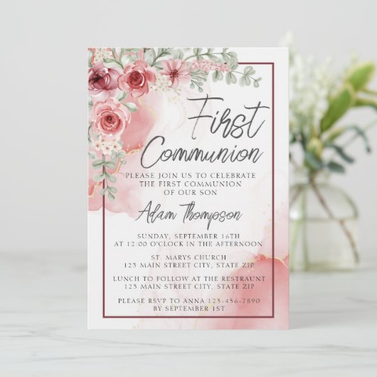 Blush Roos Bloemen Waterverf Eerste Communie Kaart