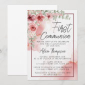Blush Roos Bloemen Waterverf Eerste Communie Kaart (Voorkant / Achterkant)